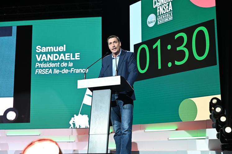 À Grenoble (Isère), mercredi 26 mars. Le président de la FRSEA Île-de-France, Samuel Vandaele, est intervenu au congrès de la FNSEA.