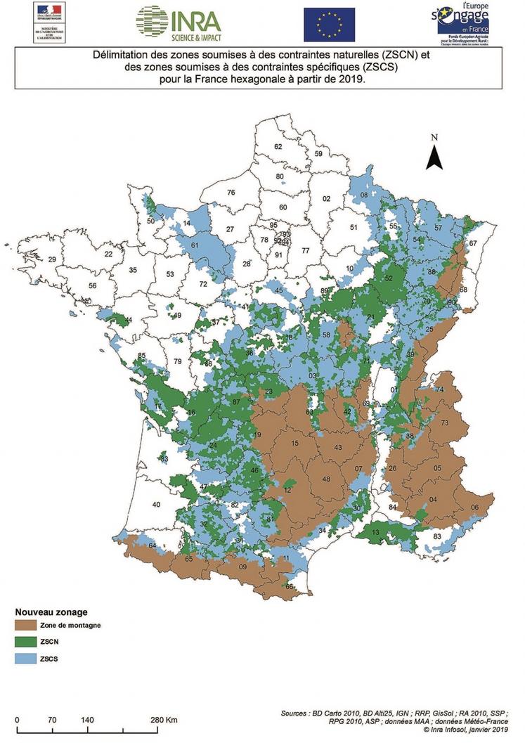 Carte des zones défavorisées pouvant prétendre à l'ICHN.