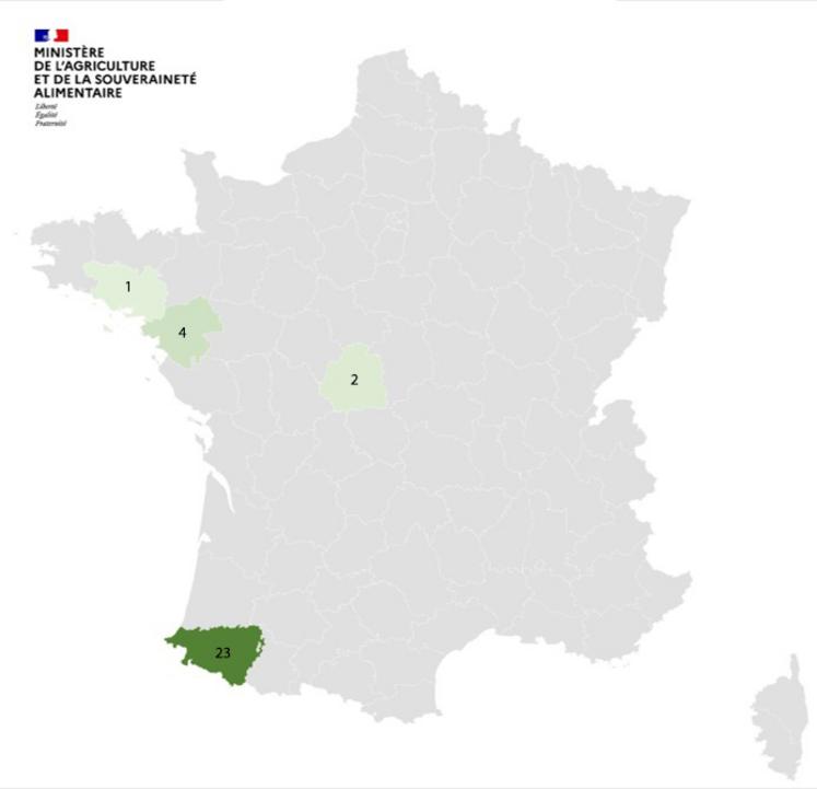 Nombre de foyers FCO BTV 8 déclarés par département au 26 juin.