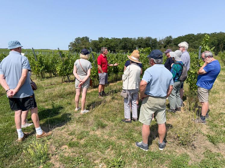 Le 6 août, à Mérouville. Le viticulteur beauceron Rodolphe Couturier (au c.) prend plaisir à expliquer à ses visiteurs toutes les facettes de son métier, de la parcelle à la bouteille.