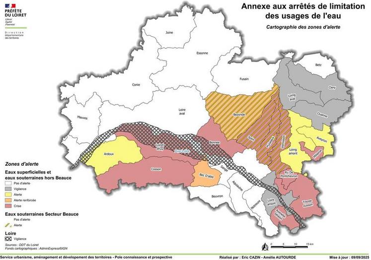 Carte préfectorale des restrictions d’eau dans le Loiret au 9 septembre : certains bassins, comme le Vernisson, le Cosson ou le Loiret-Dhuy, restent en crise, tandis que la Loire et le Bec d’Able voient leurs niveaux d’alerte s’alléger.