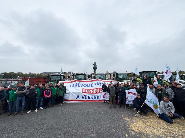 Une centaine d'agriculteurs étaient présents devant le château de Versailles (Yvelines) avec une quinzaine de tracteurs pour se mobiliser contre les accords du Mercosur et pour défendre la profession agricole.