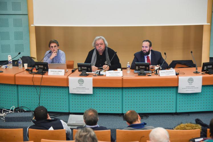 Le 21 novembre, à Chartres. Deux invités sont intervenus à l'AG de la section des bailleurs présidée par Patrice Joseph : le juriste Victorien Lerioy (à g.) et le chargé de mission politiques foncières de la FNSEA, Romain Rousselot (à d.).