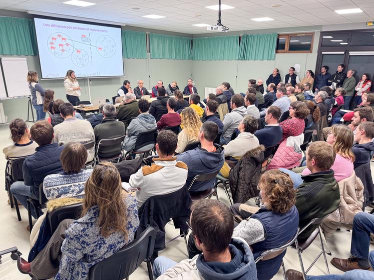 Lundi 15 décembre, à Miermaigne. La majorité des éleveurs euréliens est venue s'informer sur la stratégie de lutte contre la DNC.