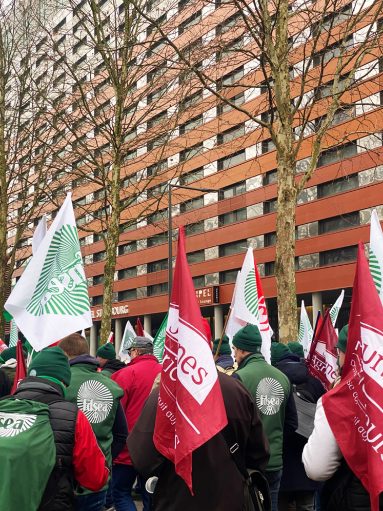 Les représentants FNSEA et Jeunes agriculteurs réunis devant le Parlement européen.