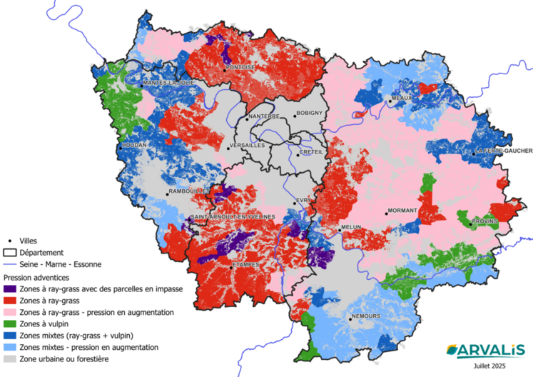 Cartographie des graminées adventices : nature et niveau de pression.