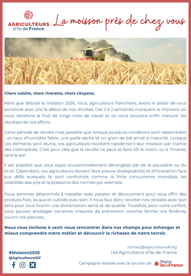 Lettre moisson d'Agriculteurs d'Île-de-France.