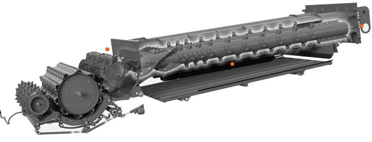 Le système hybride garde les organes de battage derrière le convoyeur, mais remplace les secoueurs par un rotor longitudinal pour la séparation secondaire.
