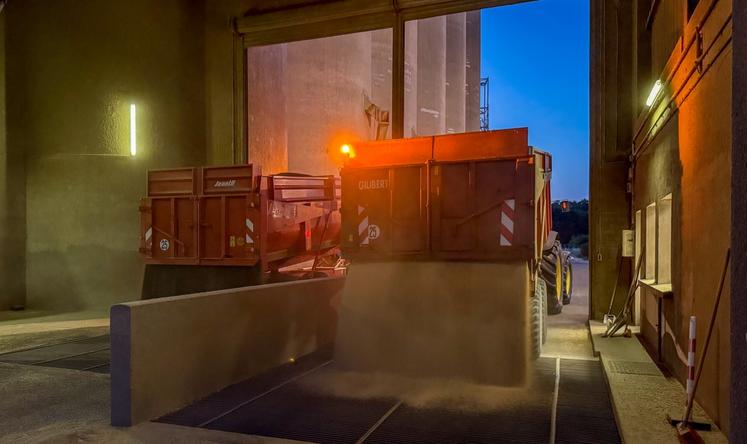 Fin juin, au silo de Gas (Eure-et-Loir). Les remorques se vident de leurs grains.