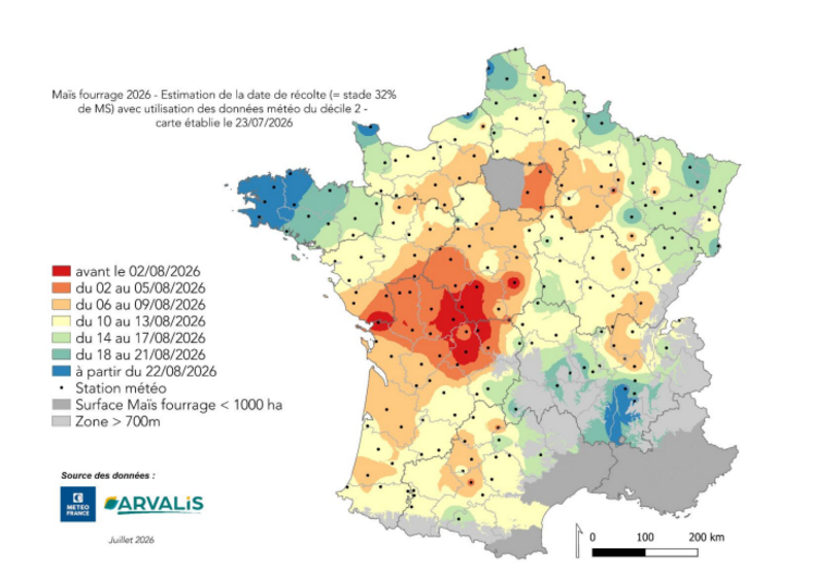Arvalis propose une carte des dates prévisionnelles de début des récoltes des maïs fourrage.