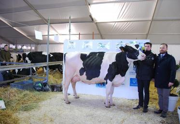 Le juge Guiseppe Beltramino aux côtés de Jérôme De Winter (EARL du Vignot à Hauterine, Yonne), propriétaire de Déesse, qui a remporté les prix de meilleure mamelle et de grande championne adulte.