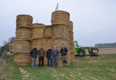 À Houdan (Yvelines), le 24 mars. Les Jeunes agriculteurs Quentin Le Guillous, Damien Vanhalst, Pierre Rouland et Kévin Hudé ont érigé un donjon en paille, aidé de l’éleveur Dominique Rey. 