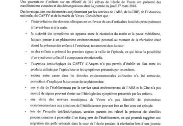 Synthèse de l’investigation menée suite à l’épisode de démangeaisons survenu à Voves le 17 mars, courrier envoyé le 18 octobre par la délégation départementale de l’ARS au présidnet de la chambre d’Agriculture d’Eure-et-Loir.