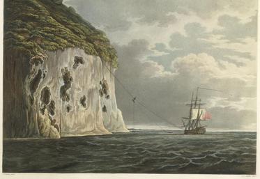 Un canon est hissé par les Anglais au sommet du Rocher au moyen d’un câble, John Eckstein & Joseph Constantine Stadler, 1805 - Collections of the National Maritime Museum
