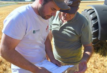 Aux côtés de son oncle, Cyril Lucas décortique le ticket du silo après avoir livré une première remorque d’orges.