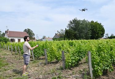 François Vaullerin a lancé le programme de survol du drone. Il va prendre de nombreuses photos au fil des rangs de vigne.