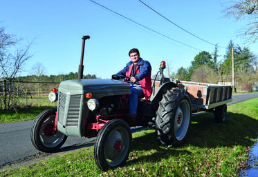 Baptiste est au volant de son Ferguson 30 traînant derrière lui sa remorque 3T Ferguson entièrement refaite avec des planches de chêne.