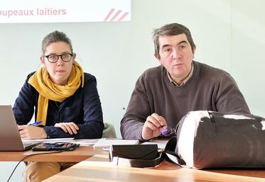 Vendredi 20 janvier, à Miermaigne. Svenja Laming, chargée de mission, et Alexis Descamps, président de la section régionale lait de la FNSEA CVL, ont animé la réunion sur la contractualisation de la viande issue du troupeau laitier.