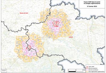 Carte préfectorale des foyers d'influenza aviaire du Loiret et les différents zonages réglementaires.