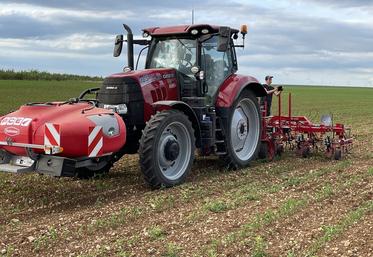 Une bineuse Steketee (Lemken) à l'arrière et une cuve frontale de 1 100 litres avec interface de guidage pour assurer une pulvérisation ciblée, c'est la combinaison choisie par l'exploitation.