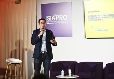 À Paris, mardi 27 février. Le président de France Carbon Agri, Samuel Vandaele, a introduit et conclu la conférence dédiée à la transition bas-carbone organisée au Salon de l'agriculture.