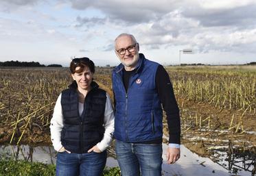 Marieke et Dominique Poyau devant une parcelle de la ferme de Presles à Prunay-en-Yvelines, le 21 octobre. 