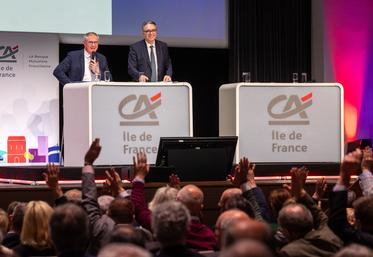 À Paris, mercredi 2 avril. Guillaume Vanthuyne et Michel Ganzin, respectivement président et directeur général du Crédit agricole d’Île-de-France ont participé à l'assemblée générale de la caisse régionale.