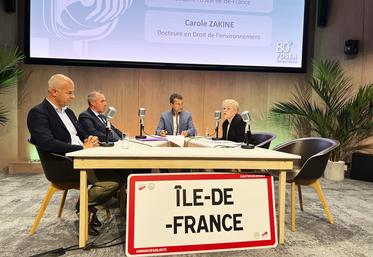 Lundi 2 juin, à Louveciennes (Yvelines). Lors de l'AG de la FDSEA Île-de-France, une table ronde a notamment permis de revenir sur les actions syndicales récentes et à venir, avec (de g. à d.) Arnaud Rousseau, président de la FNSEA, Guillaume Moret, président de la FDSEA, Pascal Berthelot, animateur de Radio plaine, et Carole Zakine, docteure en droit de l'environnement.