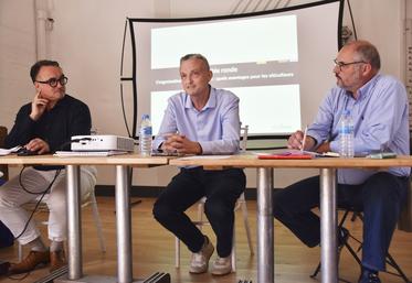 Mardi 8 juillet, à Montrichard. Aux côtés de Lionel Gosseaume (à d.), les témoignages de Jacques Crolais (à g.) et de Frédérique Legal (au c.) ont apporté des éléments de réflexion aux viticulteurs de l'AOC Touraine quant au système d'organisation de producteurs.