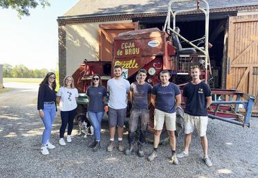 Le 24 août, à Yèvres. Karolane, Laura, Angeline, Côme, Mathieu, Maxence et Florian (de g. à d.) participent ce jour-là à remettre Ficelle en ordre de marche pour les courses du 7 septembre.
