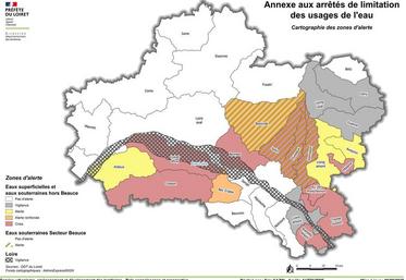 Carte préfectorale des restrictions d’eau dans le Loiret au 9 septembre : certains bassins, comme le Vernisson, le Cosson ou le Loiret-Dhuy, restent en crise, tandis que la Loire et le Bec d’Able voient leurs niveaux d’alerte s’alléger.
