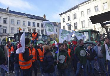 Place du Luxembourg. Les exploitants agricoles seine-et-marnais attendent calmement. Quelques instants après ce cliché, ils se sont retrouvés au coeur d'un largage de bombes lacrymogènes. 