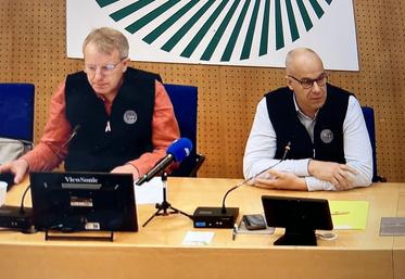 A Paris, le 18 février. Le président de la FNSEA, Arnaud Rousseau a tenu une conférence de presse à la veille de l'ouverture du salon de l'Agriculture, accompagné du vice-président Luc Smessaert.