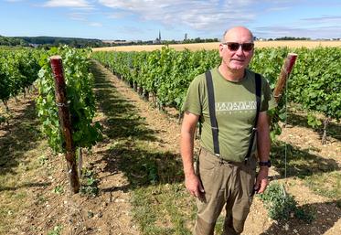 Bertrand Le Bris a planté sa vigne en 2023. Au loin se découpe la silhouette de l'Épaule, surnom des ruines d'une tour du XI<SUP>e</SUP> siècle qui domine Gallardon et qui donne son nom au domaine.