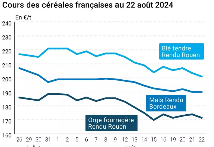 prix du blé rendu Rouen, du maïs rendu Bordeaux et de l'orge fourragère rendu Rouen