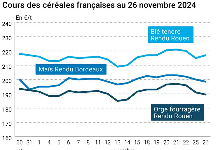 Graphique cours céréales françaises au 26 novembre 2024