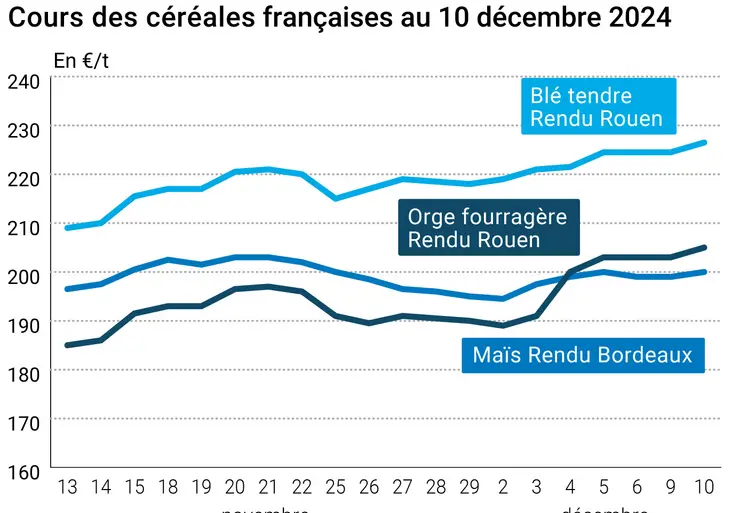 Graphique cours céréales France 10 décembre 2024