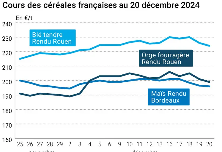 Graphique cours céréales françaises au 20 décembre 2024