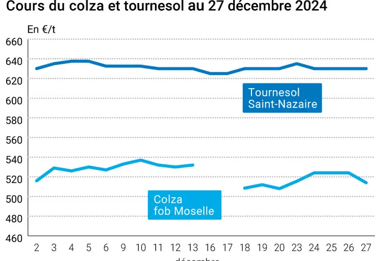 Maintien des prix du tournesol saint-Nazaire et baisse des prix du colza fob Moselle le 27 décembre 2024