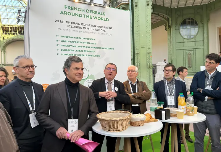 Claude Tabel (UFS), Albert Mathieu (Cfsi - Sifpaf), Benoît Piétrement, Jacques Mathieu et Frédéric Gond (Copil blé dur) sur le stand d'Intercéréales à la Bourse européenne le 6 décembre 2024 