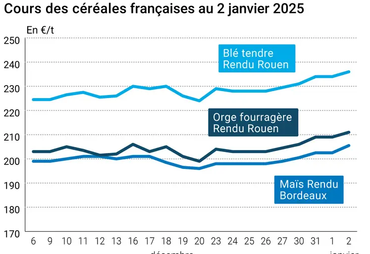 Graphique cours céréales françaises au 2 janvier 2025