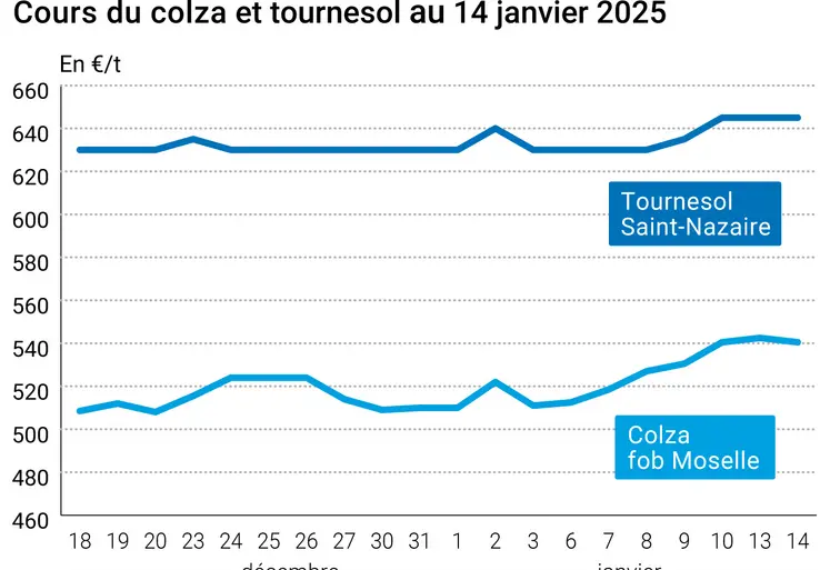 Graphique prix colza tournesol France du 14 janvier 2025