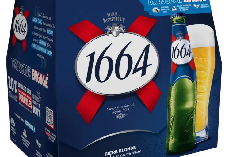 pack de bières 1664 Kronenbourg avec information sur les pratiques durables