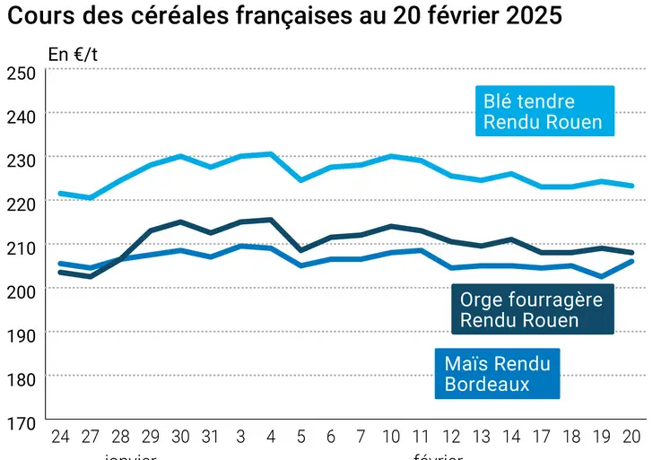 Graphique prix blé orge maïs France du 20 février 2025