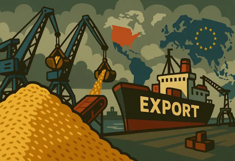 Illustration d’un port de commerce avec des grues, un navire cargo et un tas de blé symbolisant les exportations céréalières françaises vers l’étranger