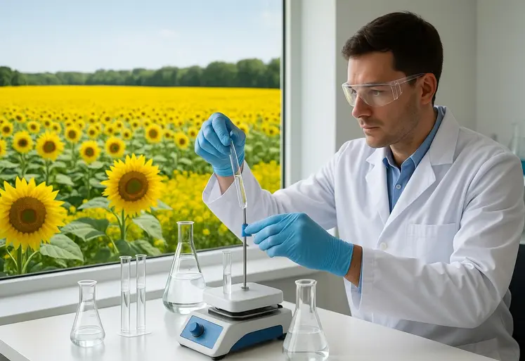 Chercheur en blouse blanche dans un laboratoire de recherche devant un champ de colza et de tournesols, symbolisant l’innovation en alimentation végétale du groupe Avril.
