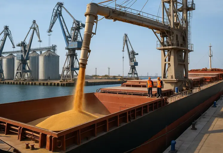 Image d'un chargement de blé sur un cargo dans un port maritime.