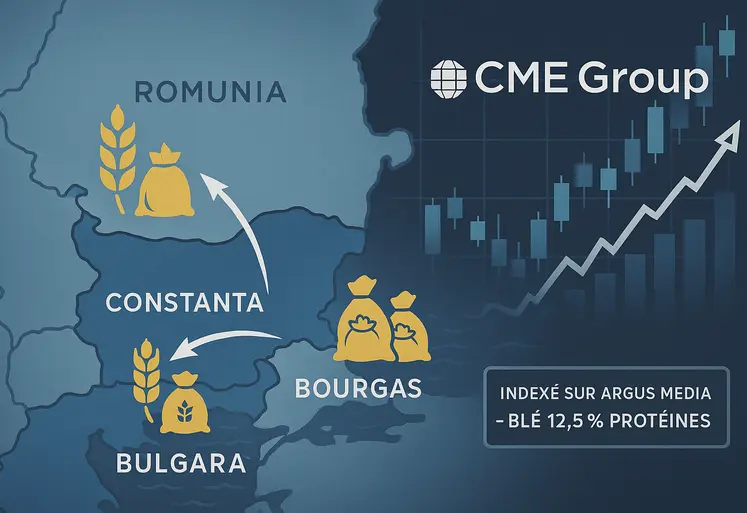 Carte de la mer noire avec des flèches qui représentent les échanges de blé en mer Noire avec un graphique des cours du blé et le logo du CME Group