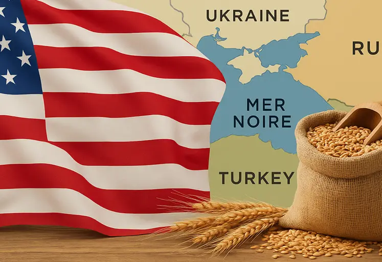 Carte de la mer Noire avec sac de blé et un drapeau des États-Unis