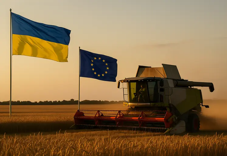 Une moissonneuse batteuse en action pour la moisson 2025 dans un champ de blé avec les drapeaux de l'Ukraine et de l'UE en arrière plan.